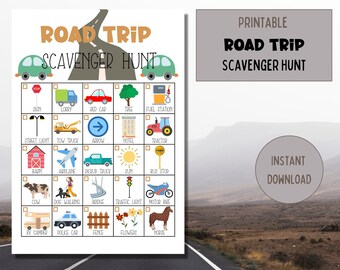 May include: Printable road trip scavenger hunt game with a checklist of items to find, including a stop sign, lorry, red car, tree, fuel station, street light, tow truck, arrow, hotel, tractor, barn, airplane, pickup truck, sun, bus stop, cow, dog walking, bridge, traffic light, motorcycle, RV camper, police car, fence, flowers, and horse.