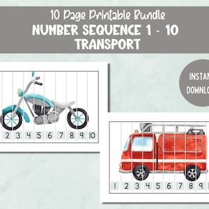 Peut inclure: Un lot de 10 pages imprimables de feuilles de travail de séquence numérique mettant en scène des véhicules de transport. Les images comprennent une moto bleue et un camion de pompiers rouge. Chaque véhicule est divisé en 10 sections avec les numéros de 1 à 10.