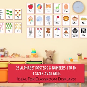 ABC Numbers Poster Pack Printable,Classroom Alphabet Display, Number Alphabet Posters,Teacher Elementary Display Cards,Homeschool ABC Boards