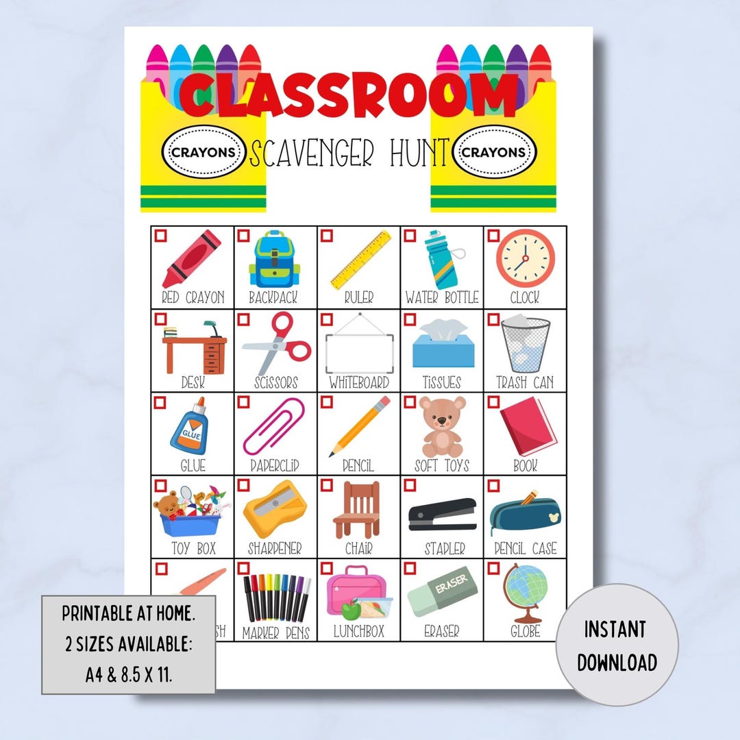 Classroom Scavenger Hunt, Printable Look and Find Game, Treasure Hunt ...
