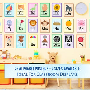 Pacote de pôsteres ABC para impressão, display de alfabeto em sala de aula, cartazes de quadro de avisos, cartões de exibição de arco-íris do professor, cartões ABC de ensino doméstico