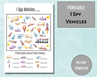 Gioco "I Spy Vehicles": foglio di lavoro di conteggio per bambini in età prescolare (download digitale)