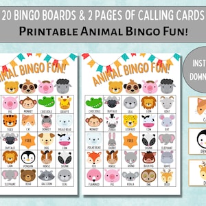 Animal Bingo Printable Game,Learn to Read,Summer Fun Kids Activities Cards,20 Printable Bingo Cards,Classroom Bingo Cards,Family Bingo Cards