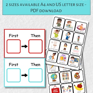 May include: Printable educational boards with the text "6 FIRST & THEN BOARDS WITH 72 ACTIVITIES." Two boards with "First" and "Then" sections, and activity cards with illustrations. Includes "brush teeth," "eat breakfast," and "make the bed."