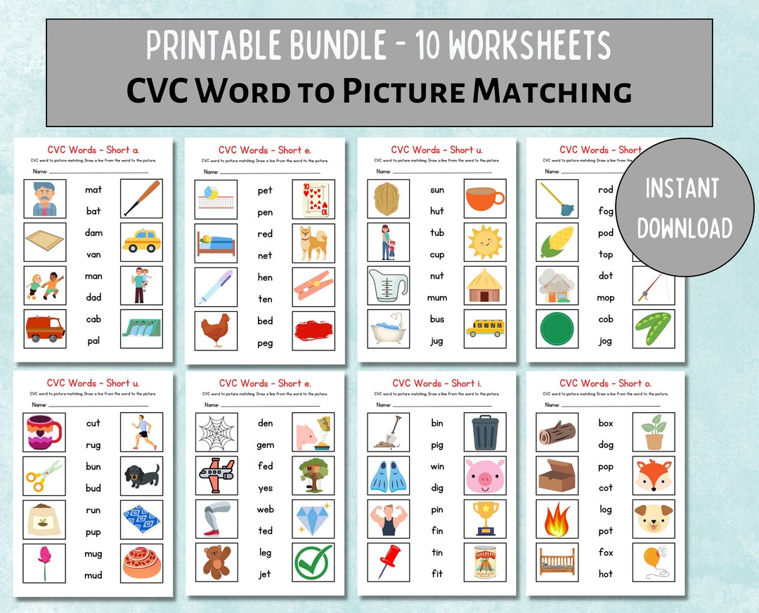 CVC Printable, CVC Worksheets, CVC Word Picture Cards, Learn to Read