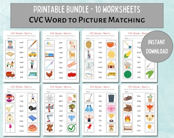 Werkbladen voor het matchen van woorden met CVC: klanken lezen (digitale download)