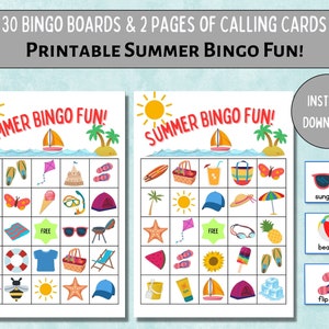 Gioco stampabile di Bingo estivo, Impara a leggere, Carte di attività divertenti per bambini estivi, 30 carte di Bingo stampabili, Carte di Bingo in classe, Carte di Bingo per famiglie