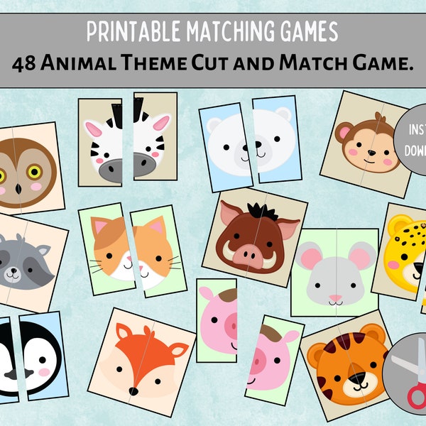 Animal Matching Card Game Printable,2 Piece Puzzles Preschool, Animal Matching,Matching Pairs Kids,Matching game for kids,Cut and Match Kids