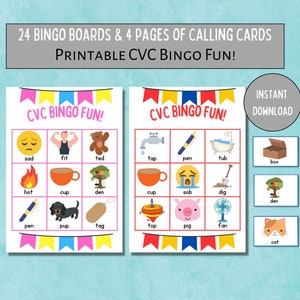 CVC Bingo Printable Game, CVC Worksheets, Learn to Read, Fun CVC Educational Cards,Phonics Kindergarten,Homeschool Early Reading,Bingo Cards