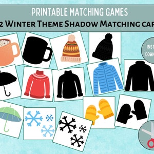Winter Matching Game Printable,Preschool Shadow Matching,Winter Cut and Match, Winter Matching Shadows Kids, Winter Matching Puzzles.