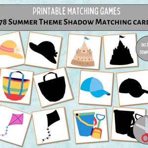 Summer Matching Game Printable, Preschool Shadow Matching, Homeschool Cut and Match, Summer Matching Shadows Kids, Toddler Matching Puzzles