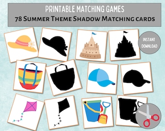 Summer Matching Game Printable, Preschool Shadow Matching, Homeschool Cut and Match, Summer Matching Shadows Kids, Toddler Matching Puzzles