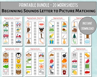 Börjande ljudövningsblad: Fonikinlärning, Bokstav-till-bild-matchning (digital nedladdning)