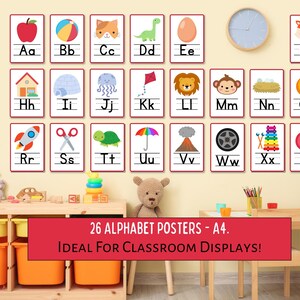 May include: A set of 26 alphabet posters featuring colourful illustrations and the letter name in lowercase. The posters are printed on white paper with a red border and are labelled "26 Alphabet Posters - A4. Ideal for Classroom Displays!"