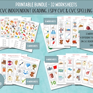 CVC Printable Bundle, I Spy CVC&#39;s, Reading CVC&#39;c, Spelling Cvc&#39;s, Matching Cvc Words, Homeschool Phonics, Learn to Read,Kindergarten Reading