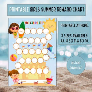 Grafico con adesivi stampabili, grafico con ricompensa in spiaggia, grafico del comportamento estivo dei bambini, grafico stellare per ragazze, grafico dei lavori quotidiani per bambini, grafico con adesivi estivi per ragazze.
