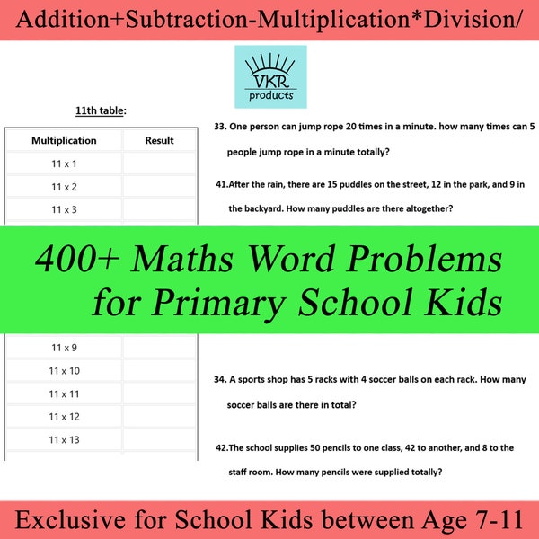 400+ Math word problems for primary school kids Master basic arithmetics Best mathematics practice Problem based Learning for age 7 to 11