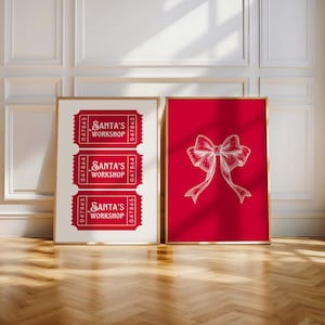 Set of 2 Christmas Wall Art, Santa&#39;s Workshop Poster, Vintage Christmas Bow Printable, Holiday Digital Donwload, Christmas Decor
