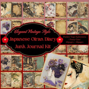 Zestaw japońskiego pamiętnika Oiran Diary Junk Journal - Elegancki styl vintage | 50 stron z kieszonkami, etykietami i drobiazgowymi drobiazgami | Natychmiastowe pobranie!