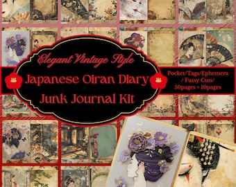 May include: A collage of vintage-style images featuring Japanese women in traditional clothing, fans, and flowers. The text "Elegant Vintage Style Japanese Oiran Diary Junk Journal Kit" is superimposed on the collage. The kit includes 50 pages and 10 pages of fussy cuts.