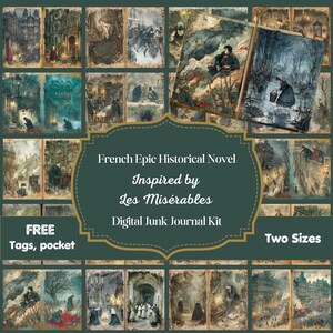 Inspirado no Kit de Diário Digital de Les Misérables - Romance Histórico Épico Francês | Bolsos e Etiquetas Grátis | Dois Tamanhos | Artigos Efêmeros para Scrapbook