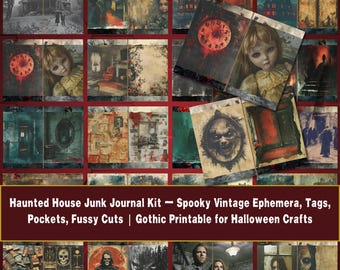 Kit per junk journal a tema casa stregata: oggetti effimeri spettrali, lavoretti gotici di Halloween (download PDF)