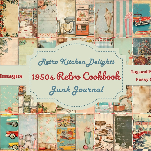 Retro Kitchen Delights: 1950s Retro Cookbook Digital Junk Journal Kit - Vintage Ephemera, Tags, Pockets, 120 Images, Old Cook Book Style