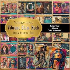 Kit vintage per diario glam rock anni '70, vivace, con elementi effimeri per album di ritagli retrò e tagli elaborati / Etichette con download immediato e tasche!