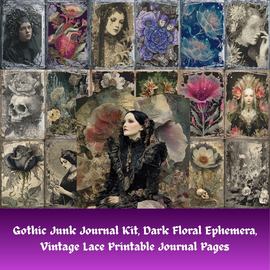 Gothic Junk Journal Kit, Dark Floral Ephemera, Vintage Lace Printable ...