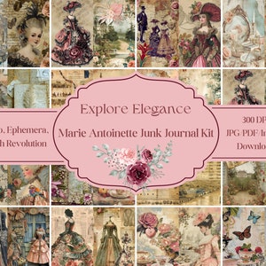 Ontdek elegantie: Marie Antoinette Junk Journal Kit - French Revolution, rococo, Rose Bertin. Digitaal, 300 dpi, jpg/pdf. Direct downloaden!!