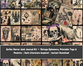 Gothic Horror Junk Journal Kit – Vintage Ephemera, Printable Tags & Pockets | Dark Literature Inspired | Instant Download