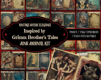 Grimm Brothers Fairy Tale Junk Journal Kit – Gothic Printable Ephemera, Tags, Pockets, Fussy Cuts | Dark Storybook Theme
