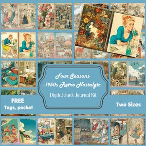 Kit de diário digital retrô nostálgico dos anos 1950 das quatro estações, etiquetas grátis, bolsos, cortes elaborados, álbum de recortes, itens efêmeros, dois tamanhos, download instantâneo
