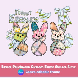 Könnte beinhalten: Digitale Illustration mit drei Patchwork-Osterhasenfiguren mit floralen, Herz- und geometrischen Mustern. Eine Ente, eine Schleife und ein Ei sind ebenfalls vorhanden. Die Worte "Happy Easter" stehen oben. Der Text "Easter Patchwork Custom Frame Quilted Style" steht unten.
