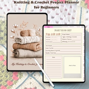 May include: Digital knitting and crochet project planner for beginners. The image shows a tablet with a project record sheet and a stack of folded knitted items. The text includes "GoodNotes Digital Journal" and "Yarn Stash Tracker."