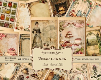May include: A digital scrapbook kit with 70 images in Victorian style featuring vintage illustrations of food, kitchen items, and floral designs. The kit includes tags, pockets, and fussy cuts. The images are 8.5 x 11 inches.