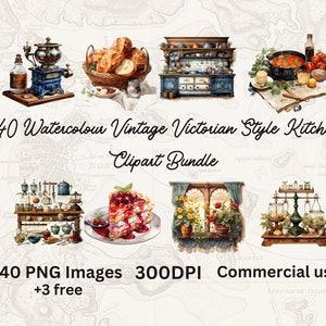 40 + 3 clipart grátis de cozinha em estilo vitoriano vintage em aquarela, pacote de clipart de culinária rústica, download instantâneo, uso comercial POD