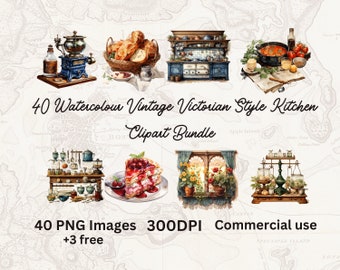 Imágenes prediseñadas de cocina vintage en acuarela: paquete de cocina de estilo victoriano (descarga instantánea)