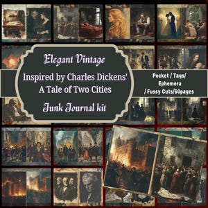 Kit de diário digital vintage elegante: inspirado em A Tale of Two Cities de Charles Dickens, etiquetas, bolsos, cortes exigentes, itens efêmeros, álbum de recortes
