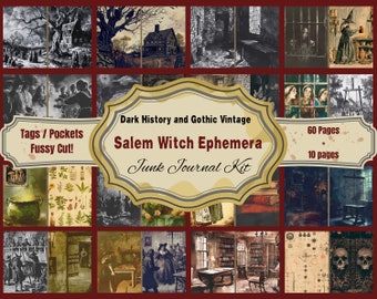 Salem Witch Ephemera: Dark History and Gothic Vintage Themed Digital Junk Journal kit with Tags, Pockets and Fussy cuts!