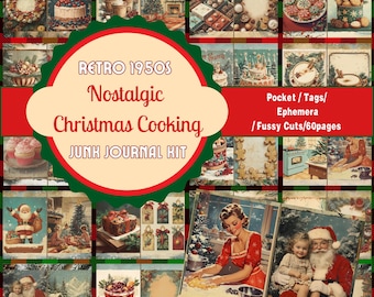 Kit per junk journal di cucina natalizia in stile retrò anni '50: materiale effimero (download digitale)