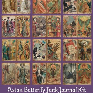 Puede incluir: Un conjunto de imprimibles digitales vintage para junk journals, con temática de mariposas asiáticas. El kit incluye páginas, bolsillos, etiquetas y un folio extra. Las imágenes tienen un aspecto envejecido, con un fondo morado y el texto "Asian Butterfly Junk Journal Kit."
