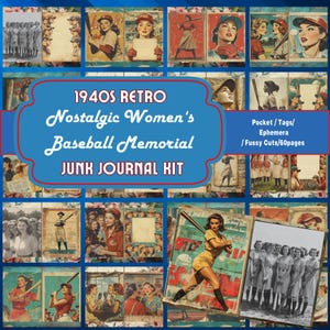 Memorial nostálgico do beisebol feminino: kit de diário retrô dos anos 1940, álbum de recortes, itens efêmeros e cortes elaborados - Download instantâneo!