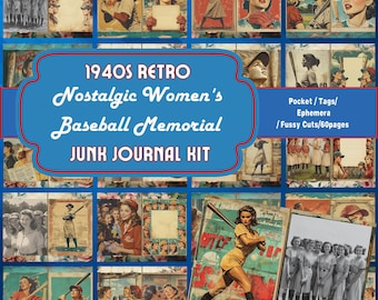 Jaren '40 dameshonkbal-junkjournaalkit: retro ephemera (digitale download)