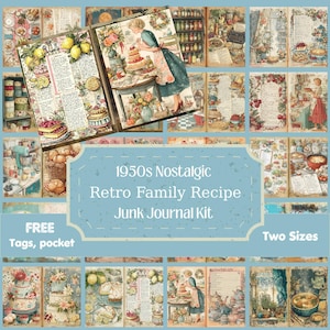 Páginas de diário digital de receitas retrô de família nostálgicas dos anos 1950 | Bolso grátis, etiquetas, cortes exigentes, dois tamanhos, download instantâneo para scrapbooking