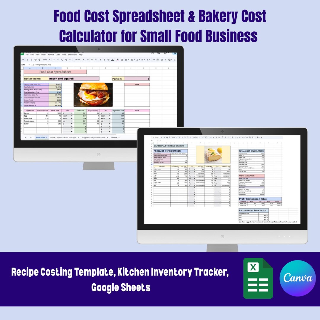 Food Cost Spreadsheet, Bakery Cost Calculator Recipe Costing Template ...
