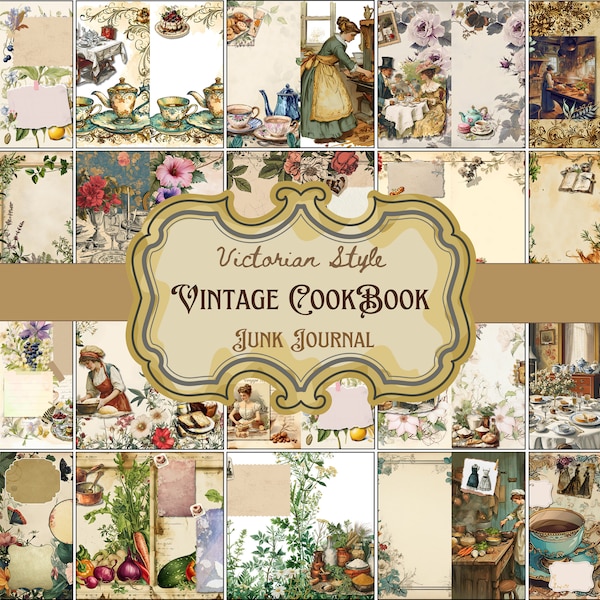 Victorian Style Vintage Cookbook Junk Journal Pages, Digital Cooking Printable, Kitchen Ephemera, Old Recipe Book.