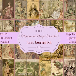 Versailles de Madame du Barry : kit de journal numérique indésirable avec robes luxueuses, bijoux et étiquettes/poches, éphémères, papier numérique.