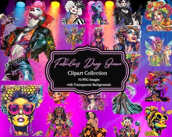Puede incluir: Un collage digital de ilustraciones coloridas de drag queens en varias poses y atuendos. El texto "Fabulous Drag Queen Clipart Collection 70 PNG Images with Transparent Backgrounds" se muestra en una pancarta rosa.