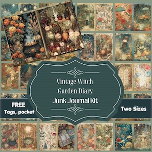 Kit de Diário Digital | Diário Vintage de Jardim de Bruxas | Objetos Mágicos | Etiquetas, Bolsos, Corte Exclusivo | Dois Tamanhos | Imprimível para Scrapbook